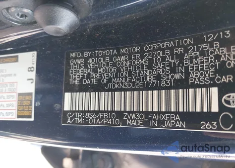 2014 Toyota Prius Two from USA, damaged, VIN JTDKN3DU2E1771831